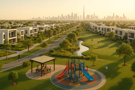Aerial view of a modern residential community with white villas, green parks, lake, playground, and golf course, with the Dubai skyline and Burj Khalifa in the background at sunset.