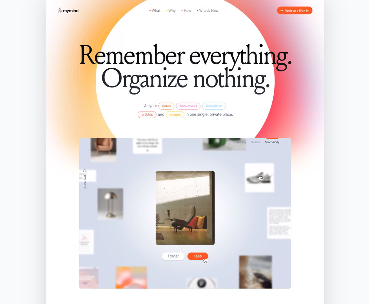 Screenshot of MyMind , from the saas websites collection.