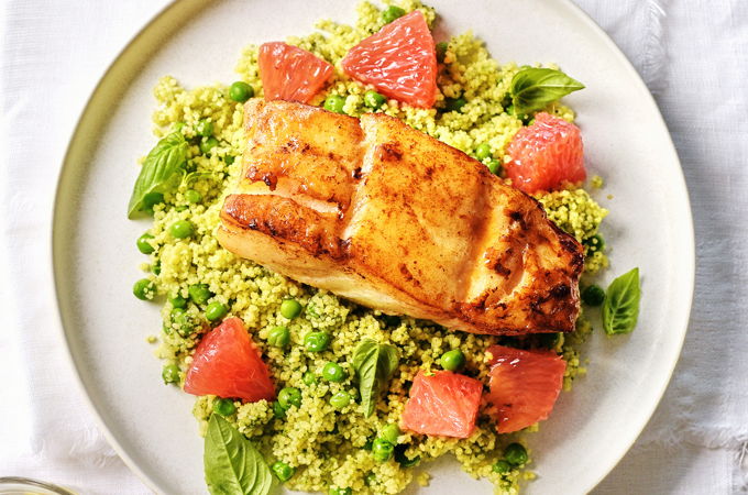 Cod with Pesto and Grapefruit Couscous