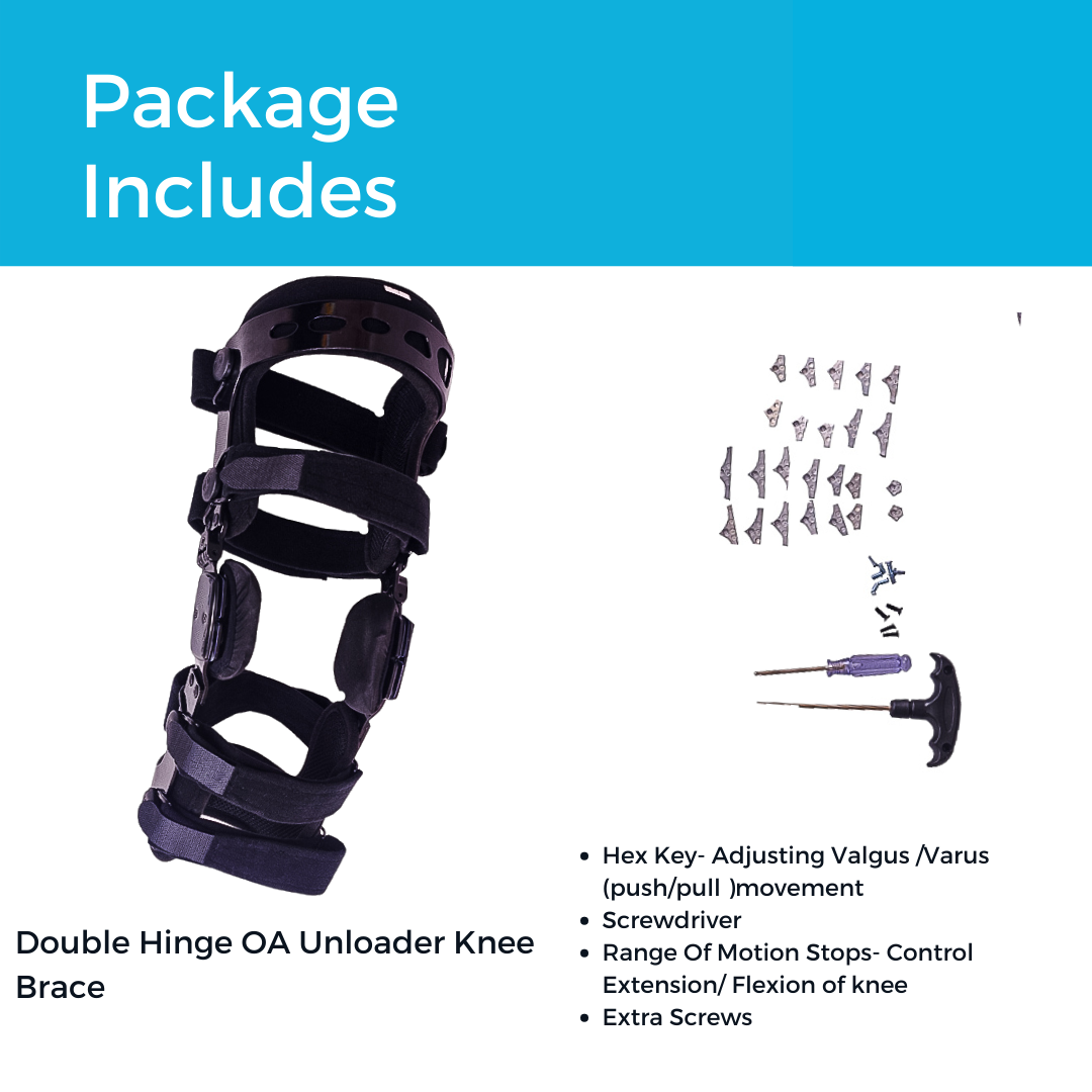 comfyorthopedic oa unloader knee brace includes adjustment tools, fixed starps, buckle, suspension sleeve and 13 hinge stops 