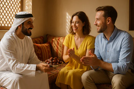 A smiling Emirati man in traditional dress offers a silver plate of dates to a happy couple, a woman in yellow and a man in blue, sitting on a couch indoors.