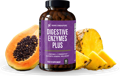 A bottle of the best digestive enzyme supplement surrounded by papaya and pineapple