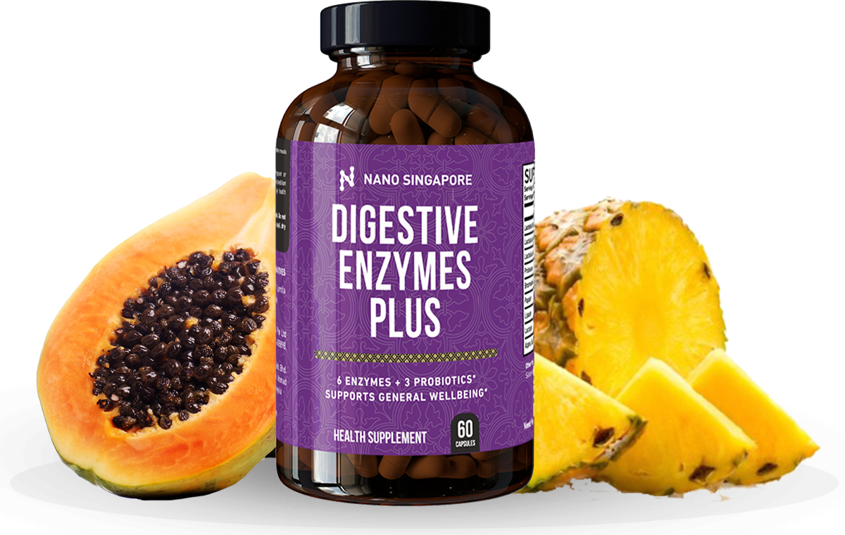 A bottle of the best digestive enzyme supplement surrounded by papaya and pineapple