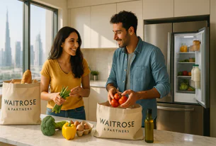A smiling man and woman unpack Waitrose grocery bags filled with fresh produce in a bright modern kitchen overlooking a city skyline.