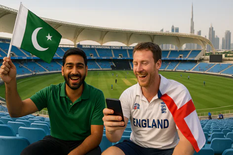 Two smiling cricket fans, one holding a Pakistan flag and the other wearing an England shirt, look at a phone in Dubai stadium seats with the city skyline behind.
