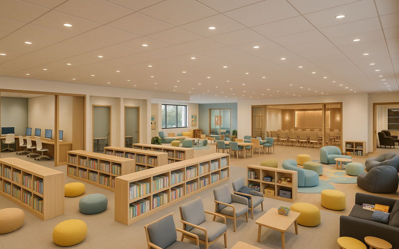 Library interior with collaborative spaces and study areas