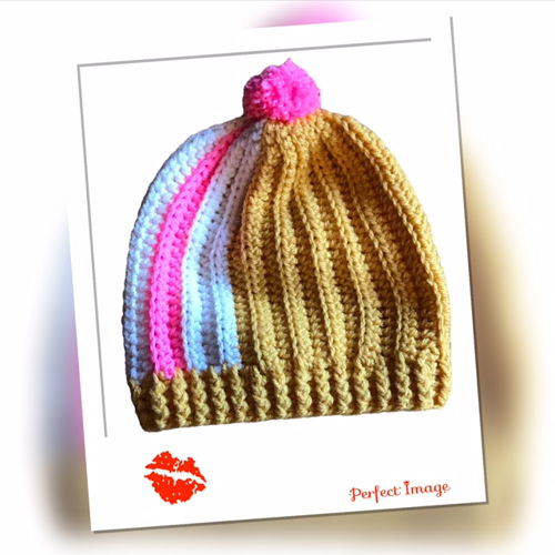 Haakpatroon geribbeld baby/peutermutsje met streep en pompom