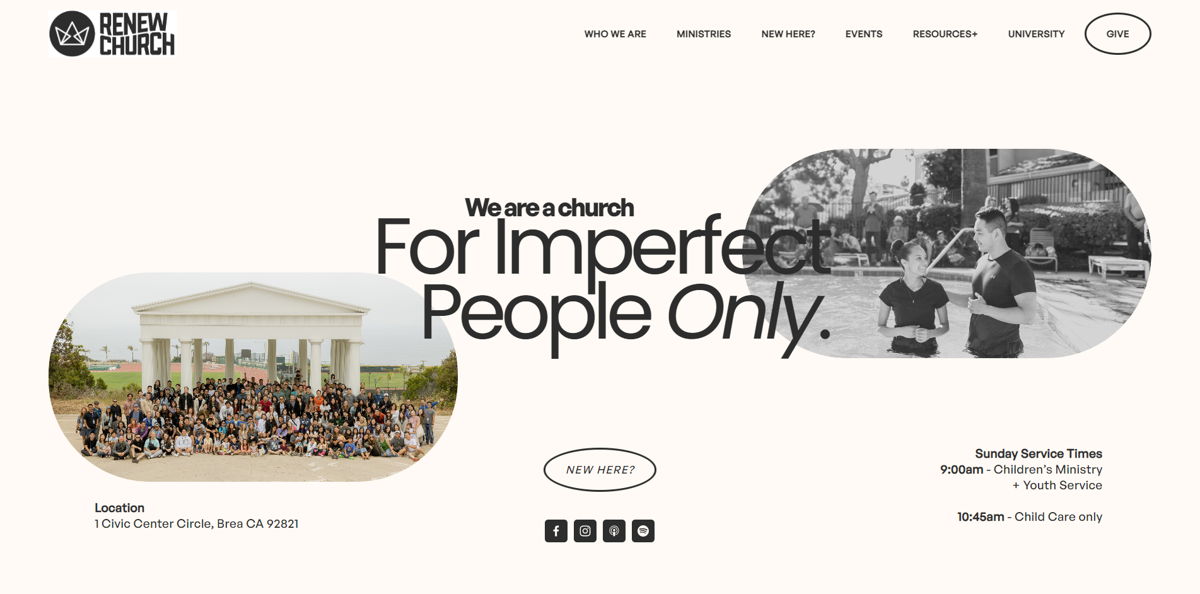Screenshot of Renew Church OC, from the squarespace church websites collection.