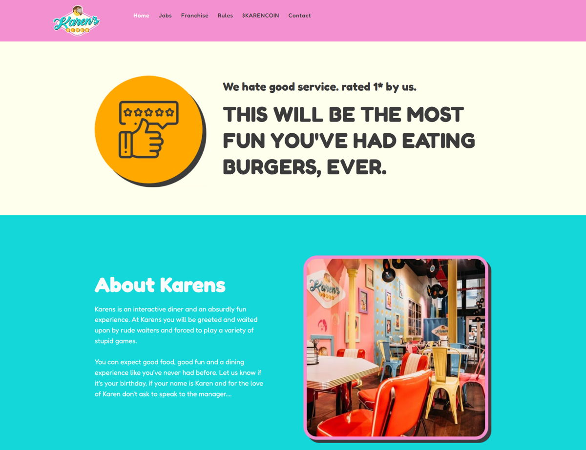 Screenshot of Karen's Diner, from the wix restaurant website examples collection.