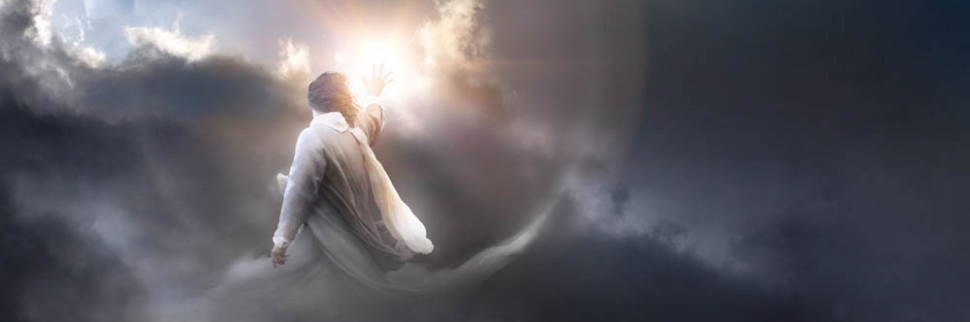 Jesus standing in a swirl of clouds. Light comes from his outstretched hand, seperating the dark clouds. 