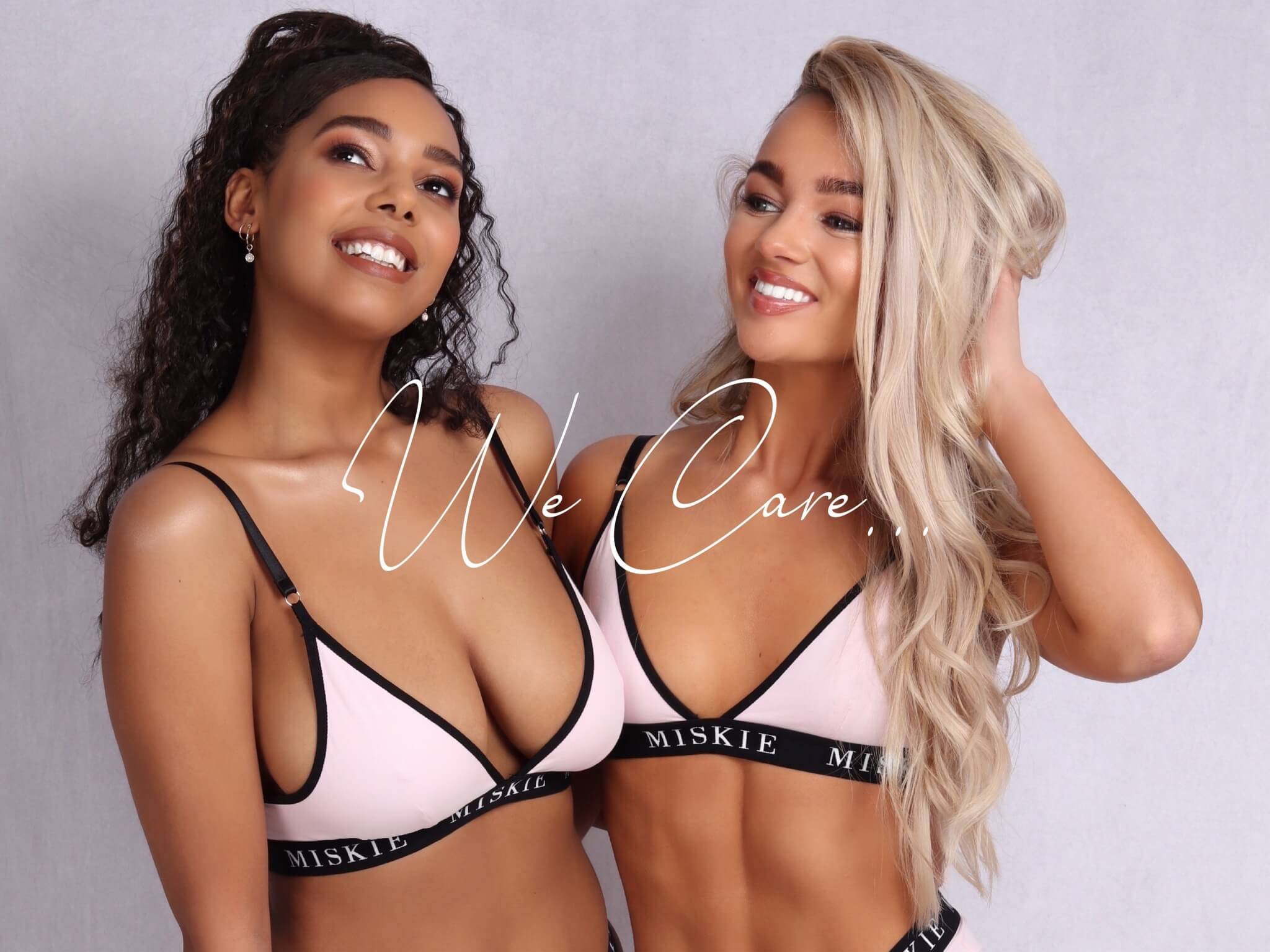 two models wearing miskie london pink plush range. luxurious lingerie made ethically in England.