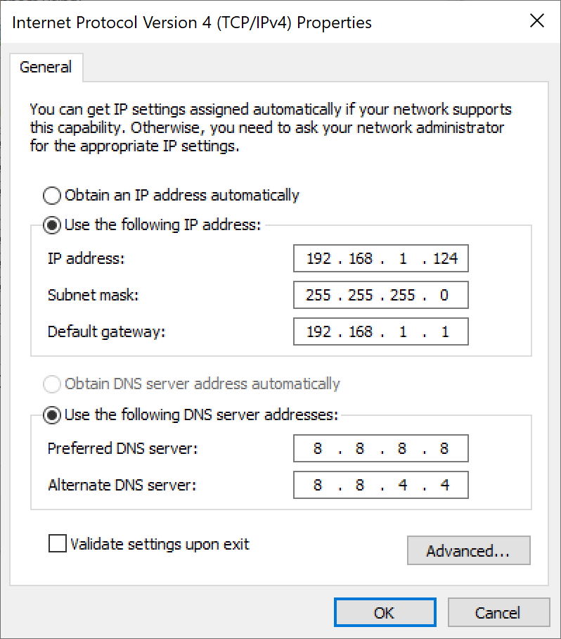 IPv4 settings window in Windows