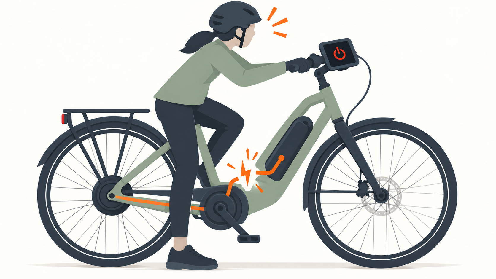 Elektrische fiets valt uit tijdens het rijden, met donker display en onderbroken stroomverbinding bij de accu.