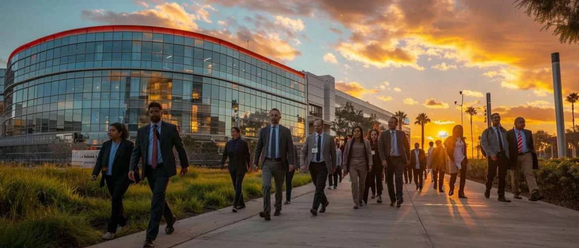 Healthcare professionals walking towards the LA BioMed Research Building at sunset