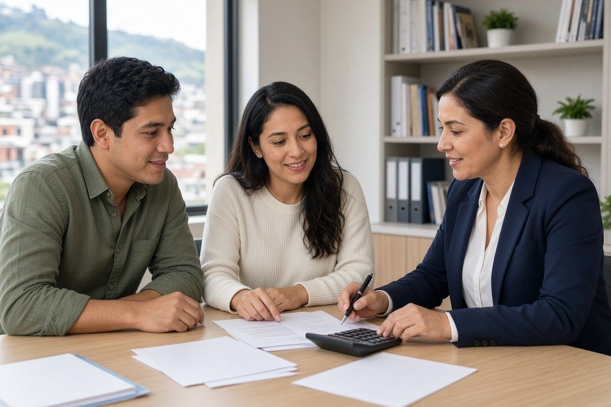 Pareja revisando papeles de financiamiento con una asesora