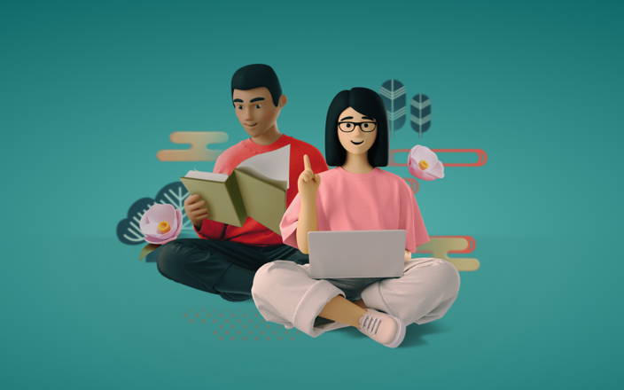 Two 3D cartoon AAPI employees sitting and reading a book and using a laptop for Confetti's Virtual Celebrate AAPI Class