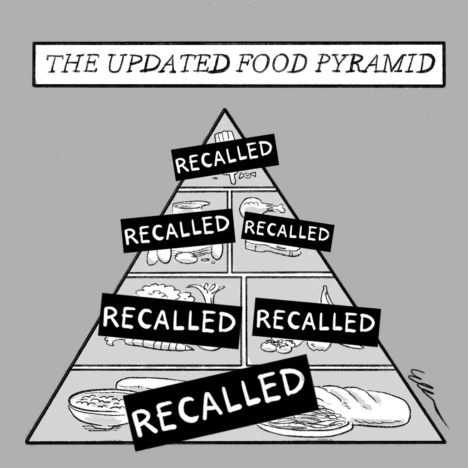 The heading reads “The Updated Food Pyramid.” Each space in the conventional food pyramid is obscured with a black bar...