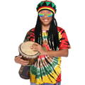 Woman wearing a rasta hat with fake braids, a rasta tie dye t-shirt and colorful sunglasses, holding a bong drum
