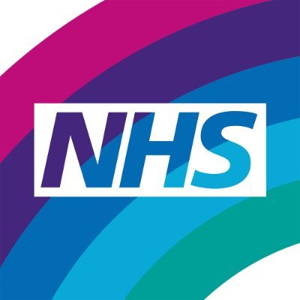 NHS logo in bold blue letters on a white rectangle, overlaid on a curved rainbow background with shades of pink, purple, blue, and teal.