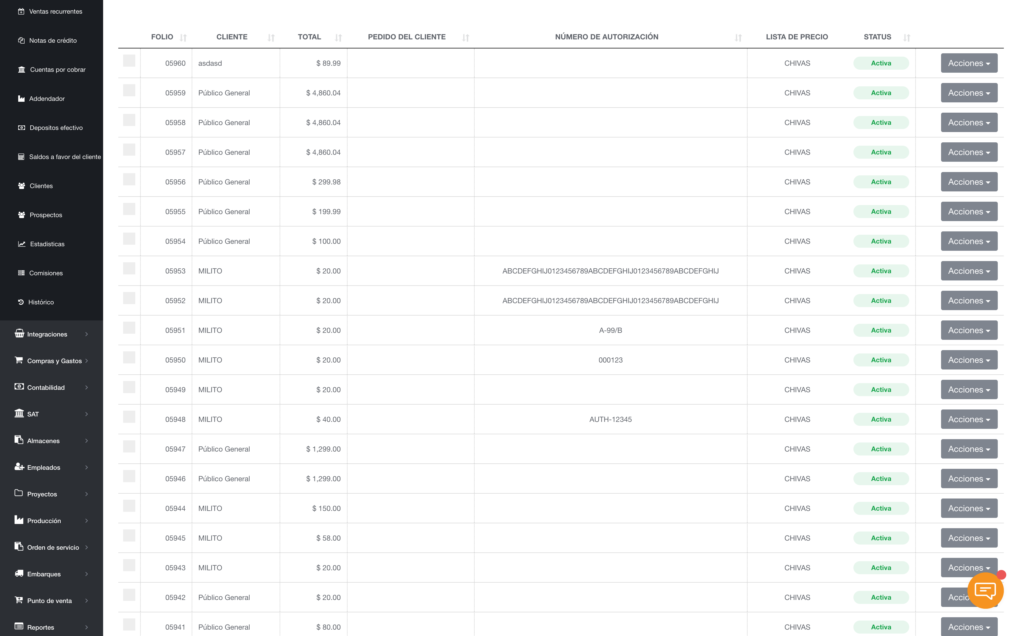 Listado de remisiones mostrando las columnas N&uacute;mero de autorizaci&oacute;n y Lista de precio