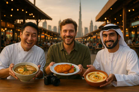 Three diverse men smiling, holding ramen, breaded cutlets, and hummus bowls at an outdoor market in Dubai with the city skyline and Burj Khalifa in the background.