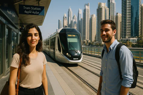 Smiling young man and woman wait on a tram station platform with a modern tram and city skyline behind them on a sunny day.