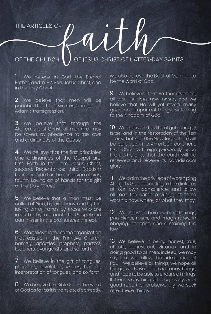 LDS poster of the Articles of Faith on chalkboard background.