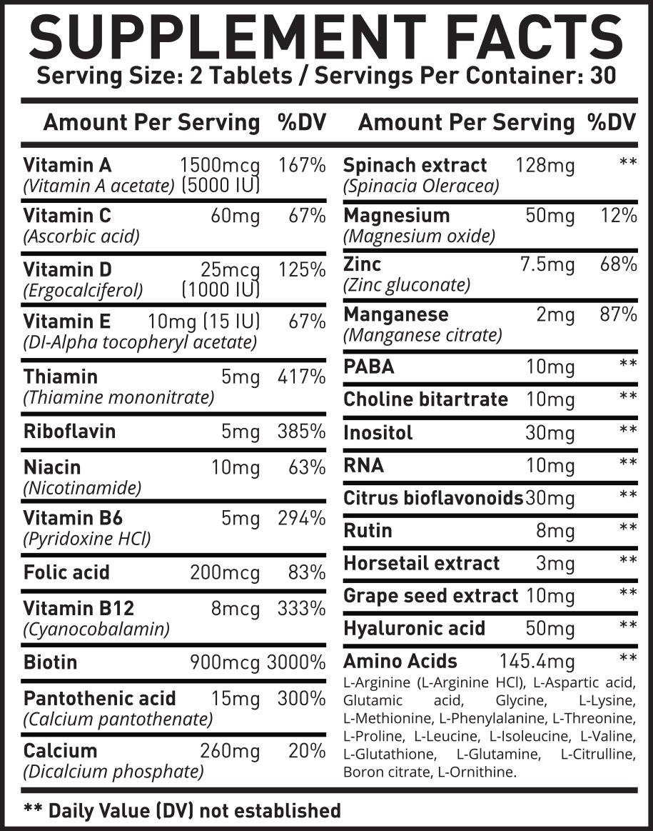 Supplement Facts of the best vitamins for hair growth