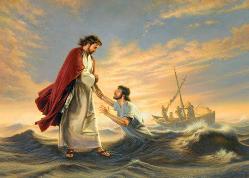 Jesus saving Peter from drowning. 