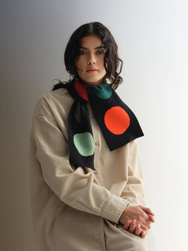 model wears Small Multicolour Spot Scarf