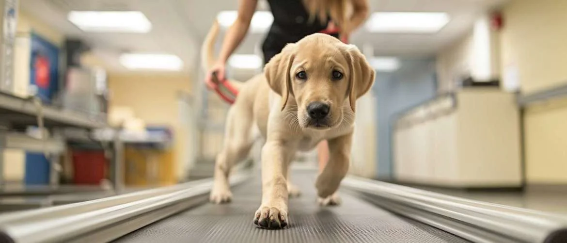 Training session for a therapy dog navigating mock hospital equipment.