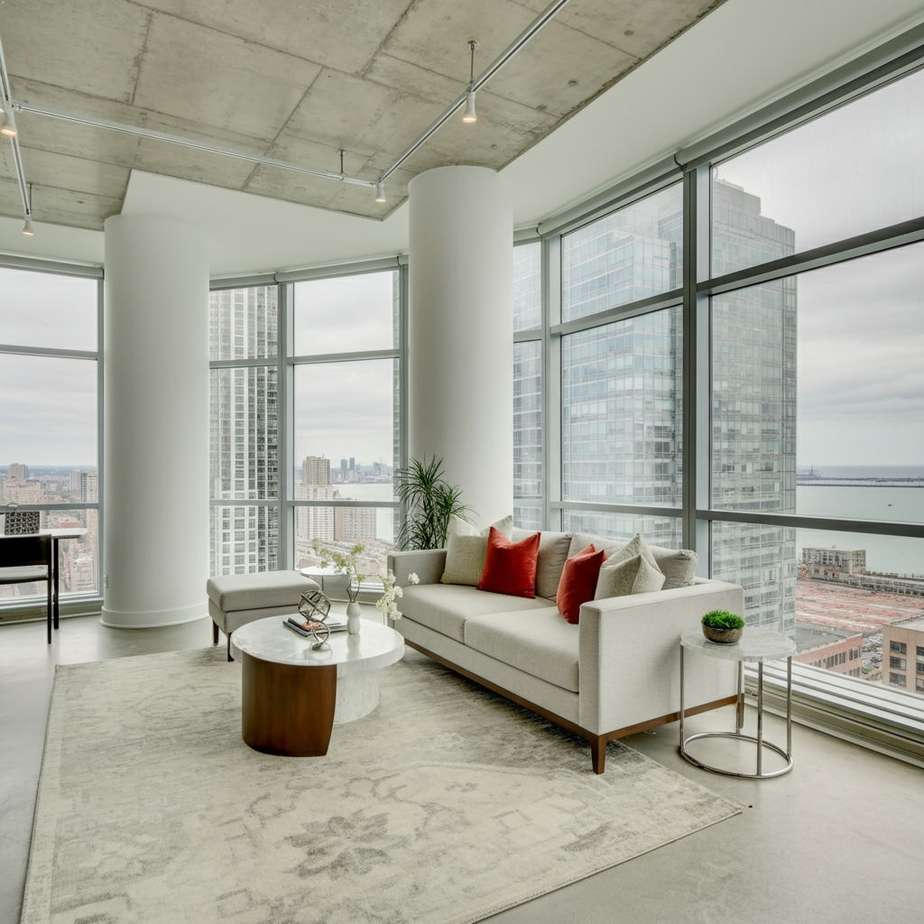 A modern Streeterville condominium that sold within 45 days after value-based pricing that emphasized its unobstructed lake views and building amenities. The contemporary open-concept living area features floor-to-ceiling windows framing Lake Michigan and Navy Pier, demonstrating how highlighting unique features can overcome a flat market.