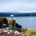 Bouteille de Single Malt Scotch Whisky de la distillerie Nc'Nean posée à flanc de falaise face à la mer