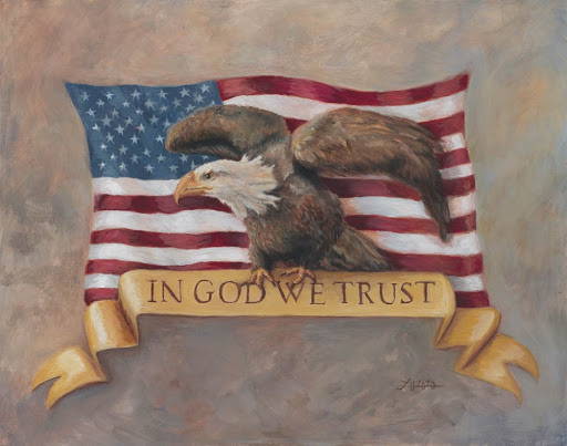Painting of the United States flag with an bald eagle standing on a banner that reas "In God We Trust". 