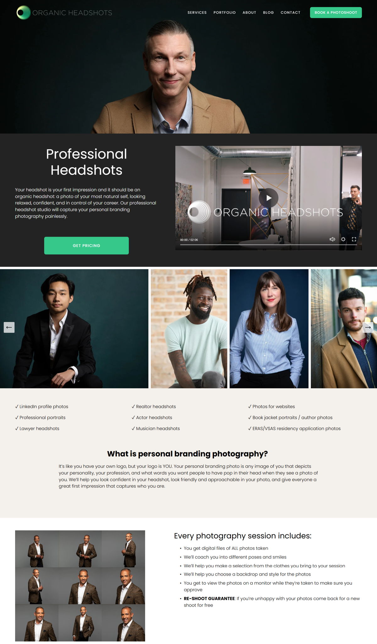 Screenshot of Organic Headshots, from the service page design examples collection.