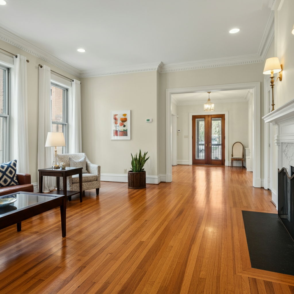 A Gold Coast living room featuring newly refinished original hardwood floors with a rich, warm stain that highlights the natural grain pattern. The restored flooring creates a seamless flow between rooms and complements both traditional architectural elements and contemporary furnishings.