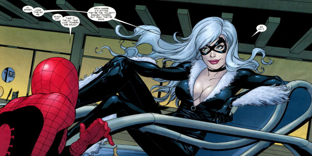 Comic book image of Black cat laying her side on a chair while talking to Spiderman.