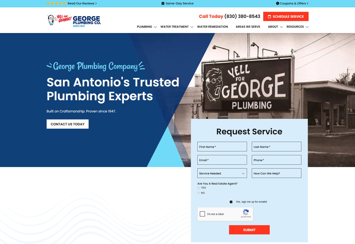 Screenshot of George Plumbing Co., Inc., from the website hero section designs collection.