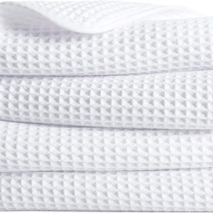POLYTE Microfiber Lint Free Hand Towel, 16 x 30 in, 4 Pack (White, Waffle Weave)