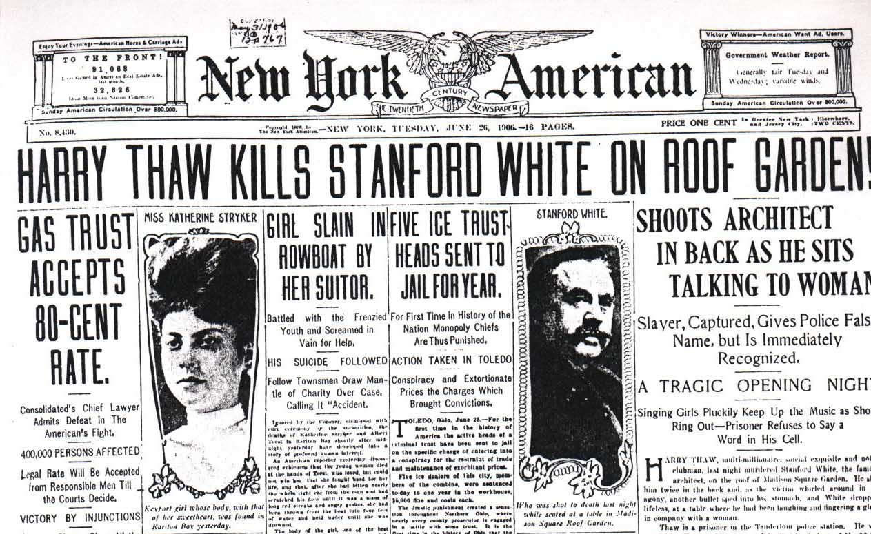 A newspaper with the headline Harry thaw kills Stanford White on roof garden