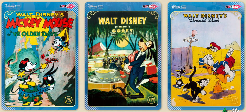 Poster cards from the Kakawow Hotbox Mickey & Friends Cheerful Times Trading Card set.