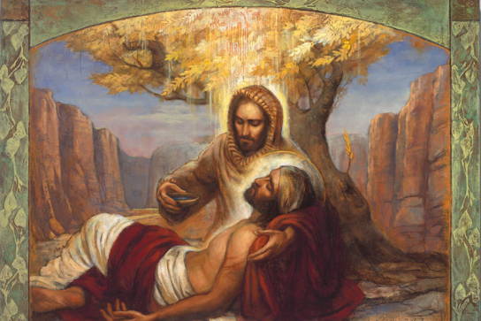 Jesus healing a wounded man. 