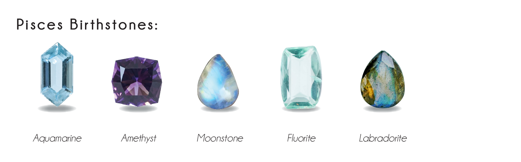 Pisces birthstones: aquamarine, amethyst, moonstone, fluorite, labradorite