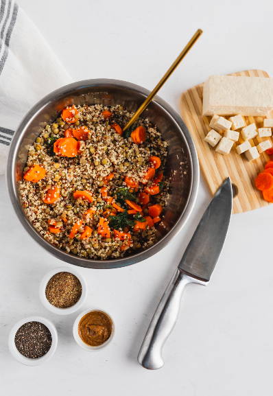 Opal pets fresh food dog recipe in a bowl with carrots, quinoa and tofu