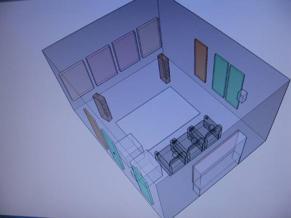 Acoustic Frontiers Interior Wall Acoustic Design Plan. - front wall: (2) 39"x59" RPG Modex type 1 plates (outward positions), (2) 39"x59" RPG Modex broadband panels (inward positions). Panels with 6" spacing except at side walls, hung 23" from floor. - side walls: (3) 2'x2' RPG BAD ARC panels @ the L/R wall first reflection points; (3) 2'x2' Listen Audio natural birch diffusers @ the L/R 2nd reflection points; (3) 2'x2' Listen Audio natural birch diffusers flanking the listening positions on the R sidewall and behind the listening positions on the L sidewall. All panels hung 18" from floor. - rear wall: (1) 6'x6'x12"d absorber box (R38 fiberglass filled) centered. The existing floor standing RPG BAD panel templates wrapped with acoustic cloth attached to the front of the absorber box. The absorber box is hung 26" from the floor.