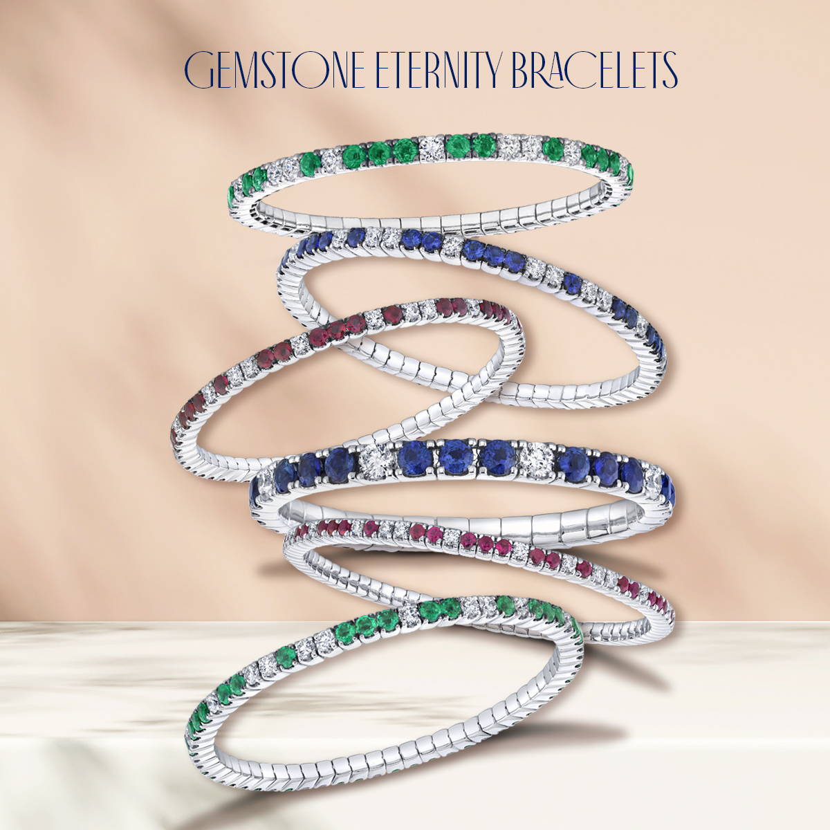 Eternity bracelets with diamonds, sapphires, rubies and emeralds