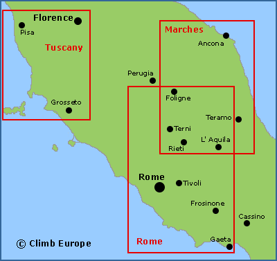 Map of the main rock climbing areas in central Italy