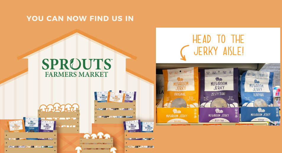 Pan's Mushroom Jerky bags popping out of Sprouts market wooden crates