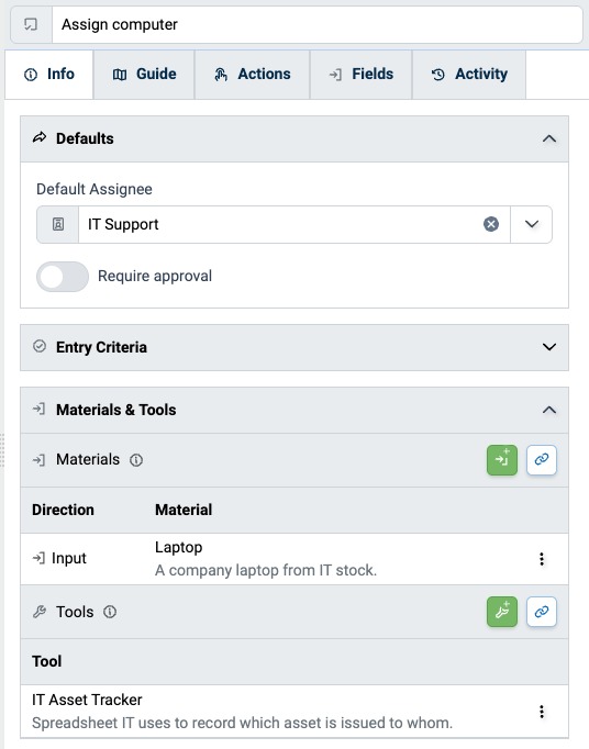 Materials & Tools panel on a Step's Info tab