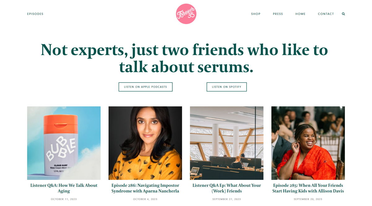 Screenshot of Episodes — Forever35, from the squarespace podcast websites collection.